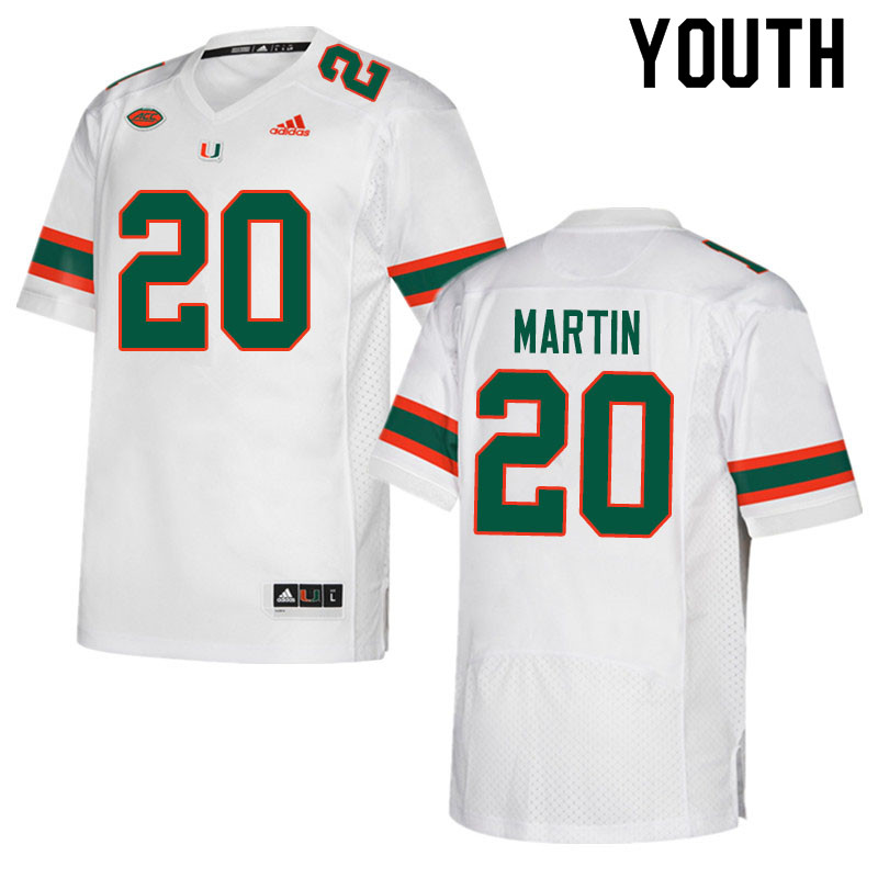 Adidas Miami Hurricanes Youth #20 Asa Martin College Football Jerseys Sale-White